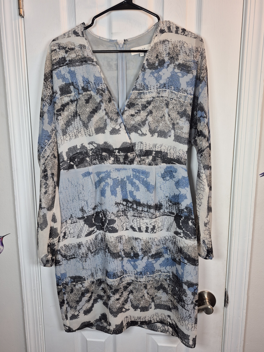 REISS Valetta Wrap V-Neck Long Sleeve Mini Dress Blue Grey 8 Fall Abstract